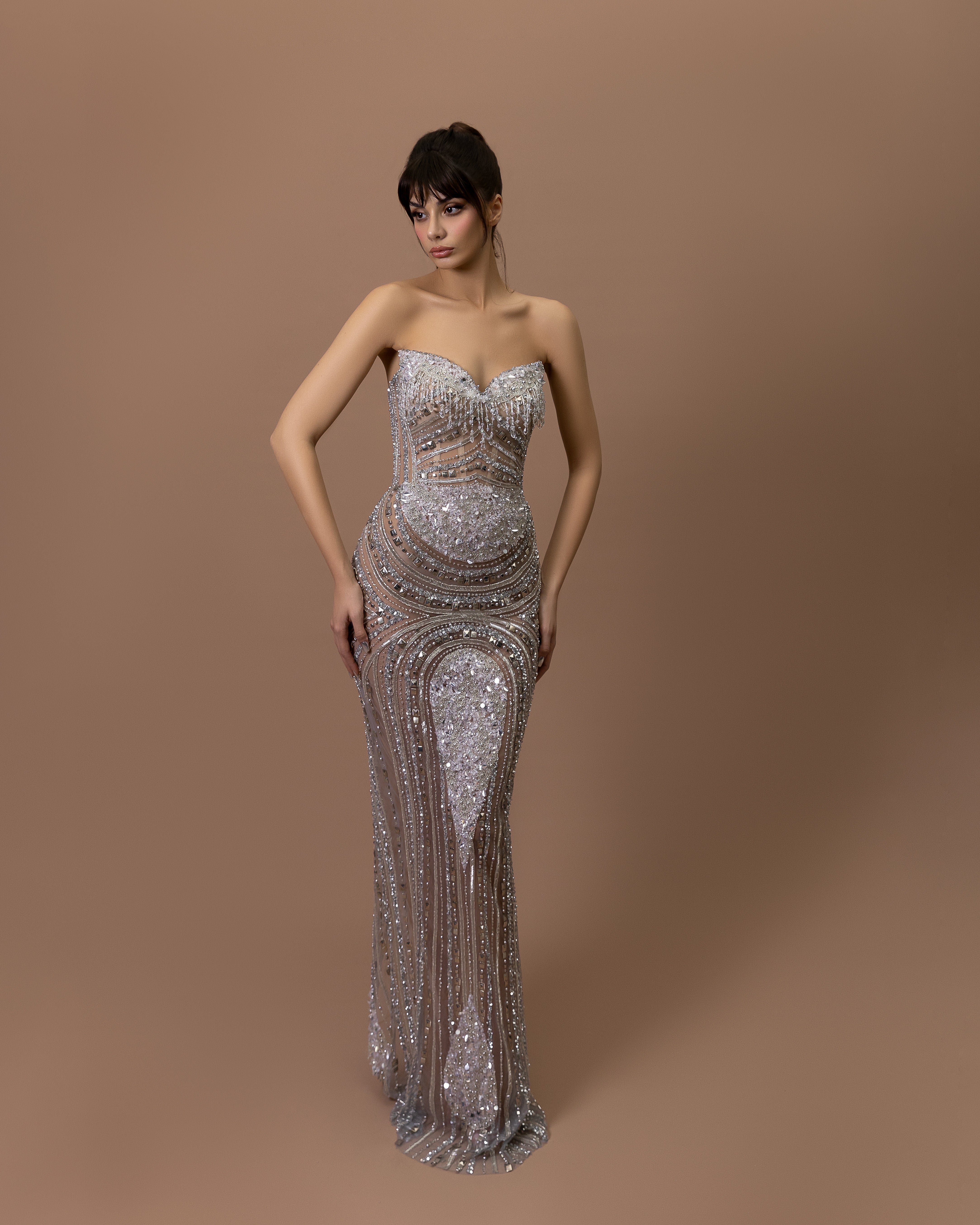 Embroidered Silver Long Dress