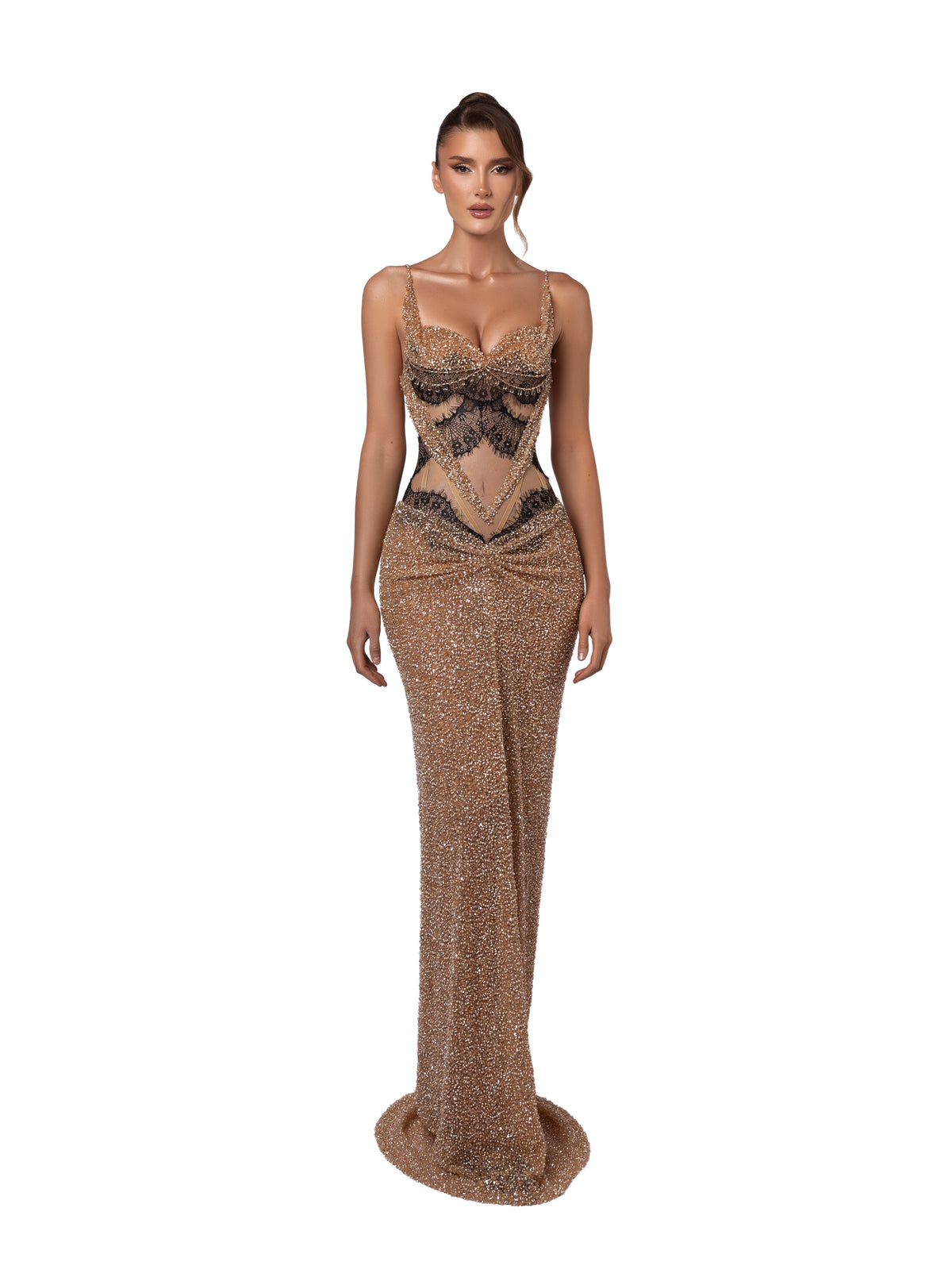 nude gown with black lace and crystal embellishments