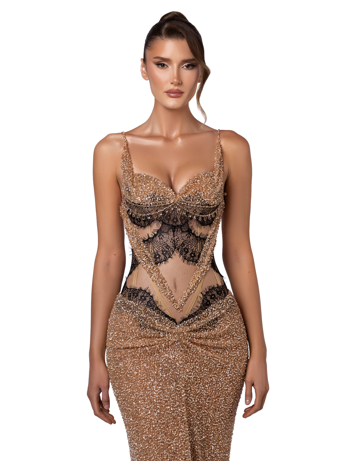 nude gown with black lace and crystal embellishments
