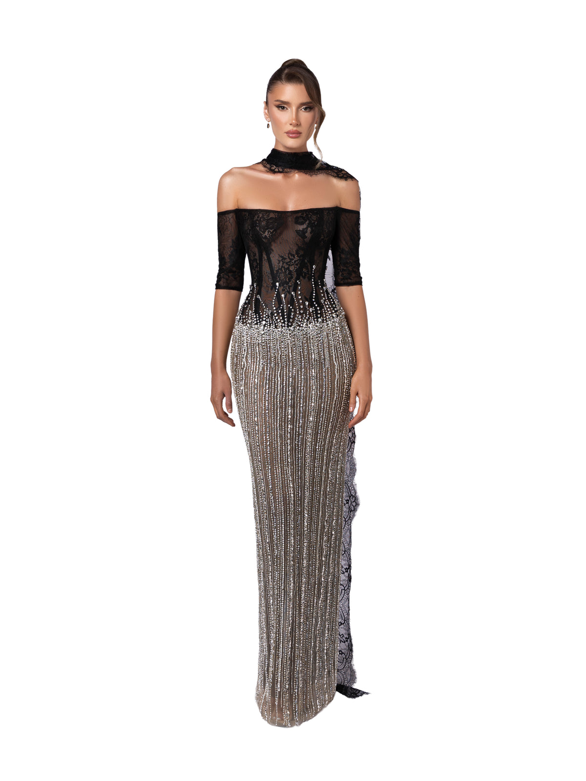 black lace gown with crystal fringe