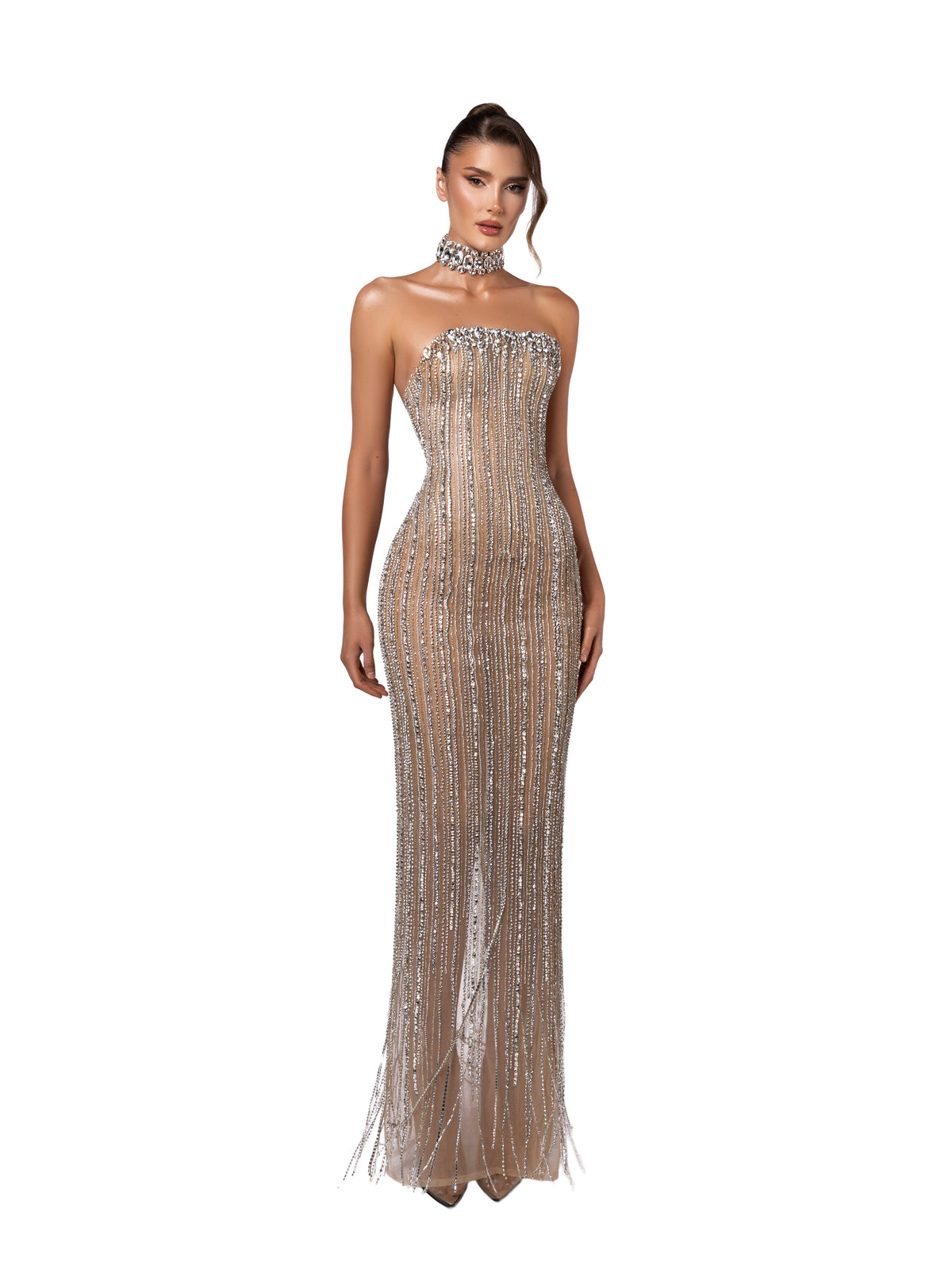 silver strapless gown with crystal fringe