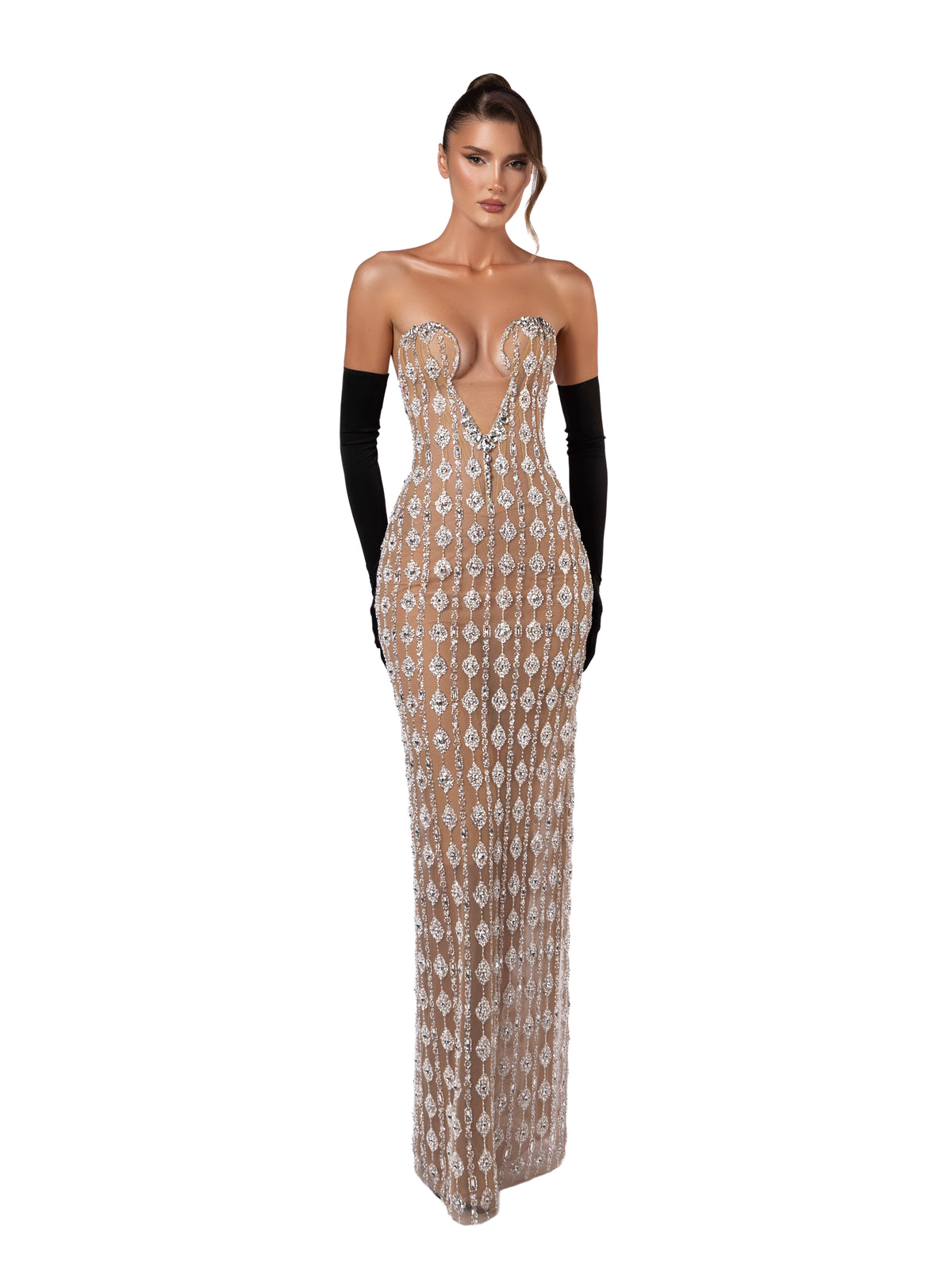 nude crystal gown with silver embellishments