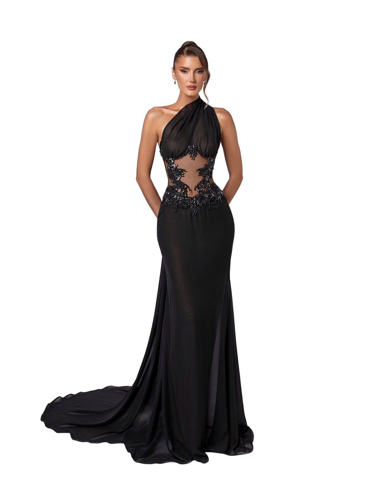 black halter gown with embellished bodice