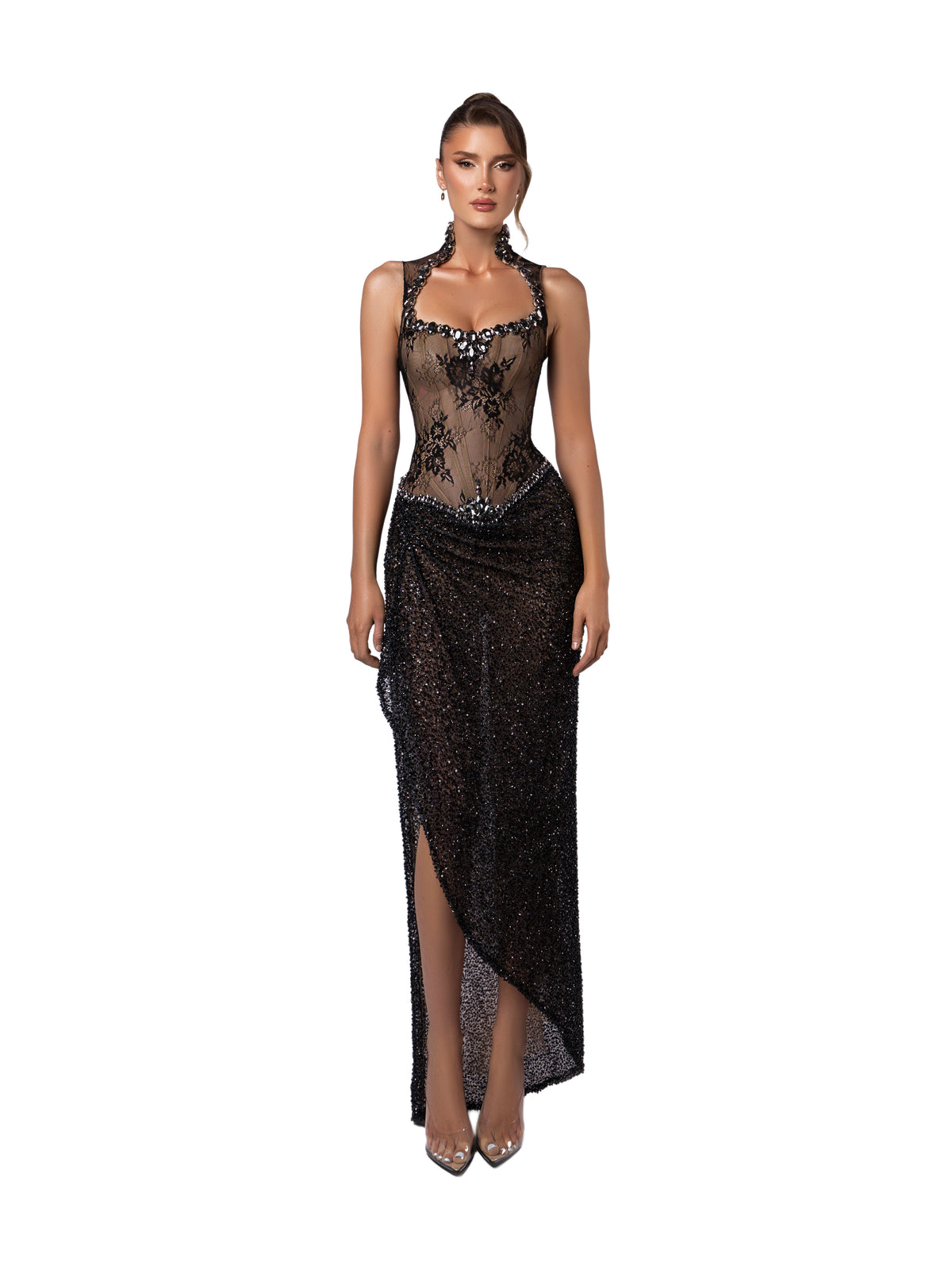 black sheer gown with floral embroidery