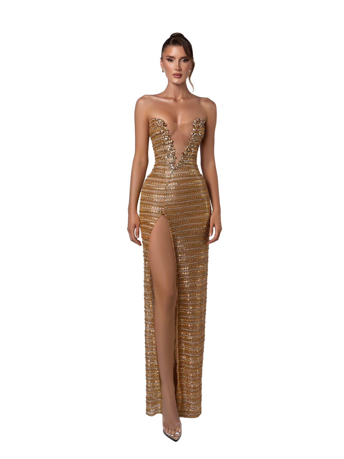 gold strapless gown with crystal beadwork