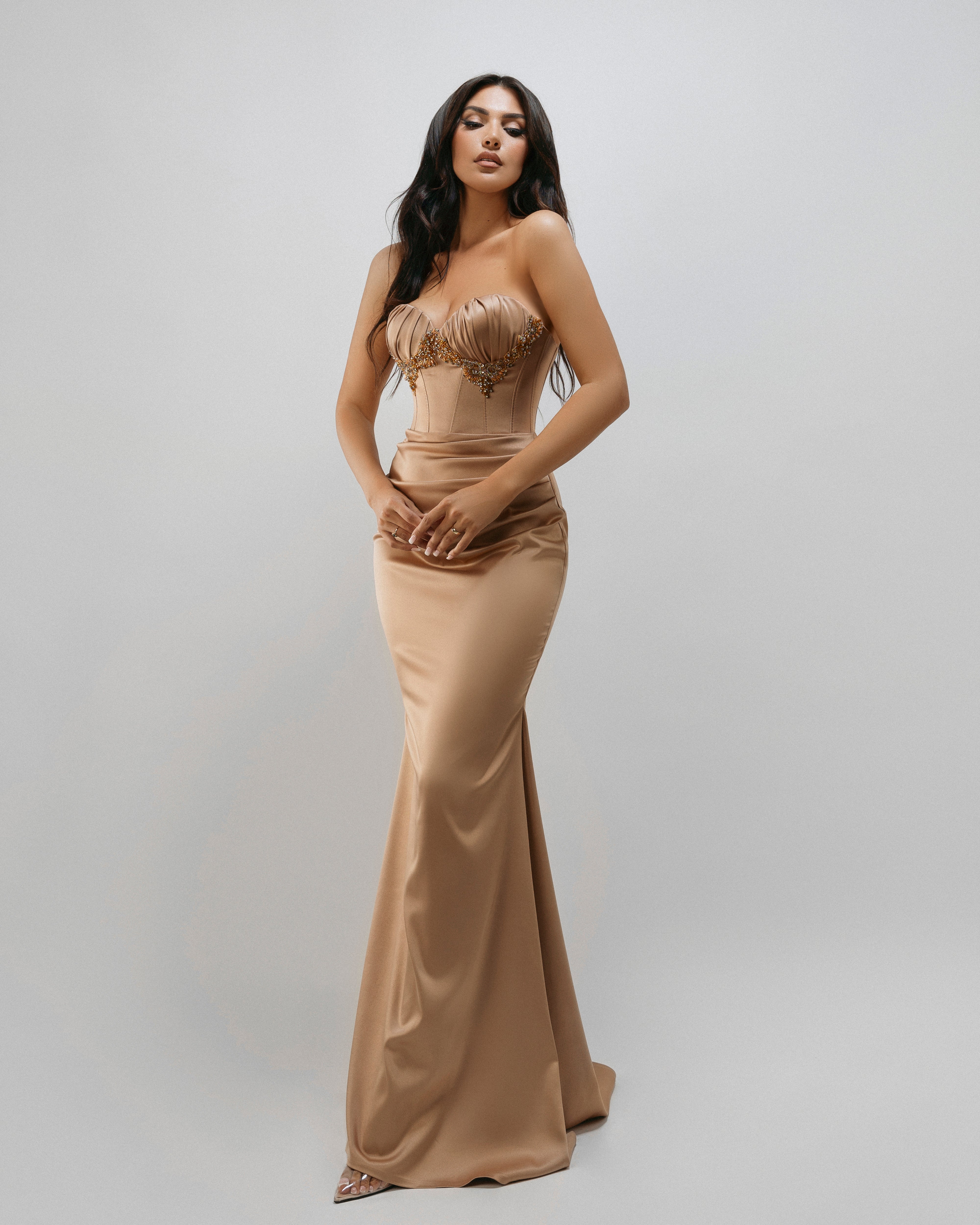 Nude satin prom on sale dress